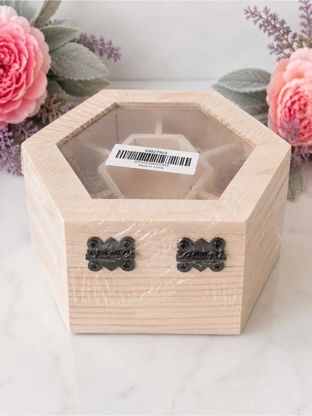 Hexagon Wooden Jewelry Box Clear Lid Natural Wood Keepsake Storage